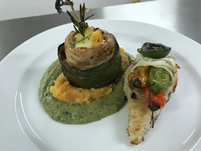 Layered fish tower with tropical sauces