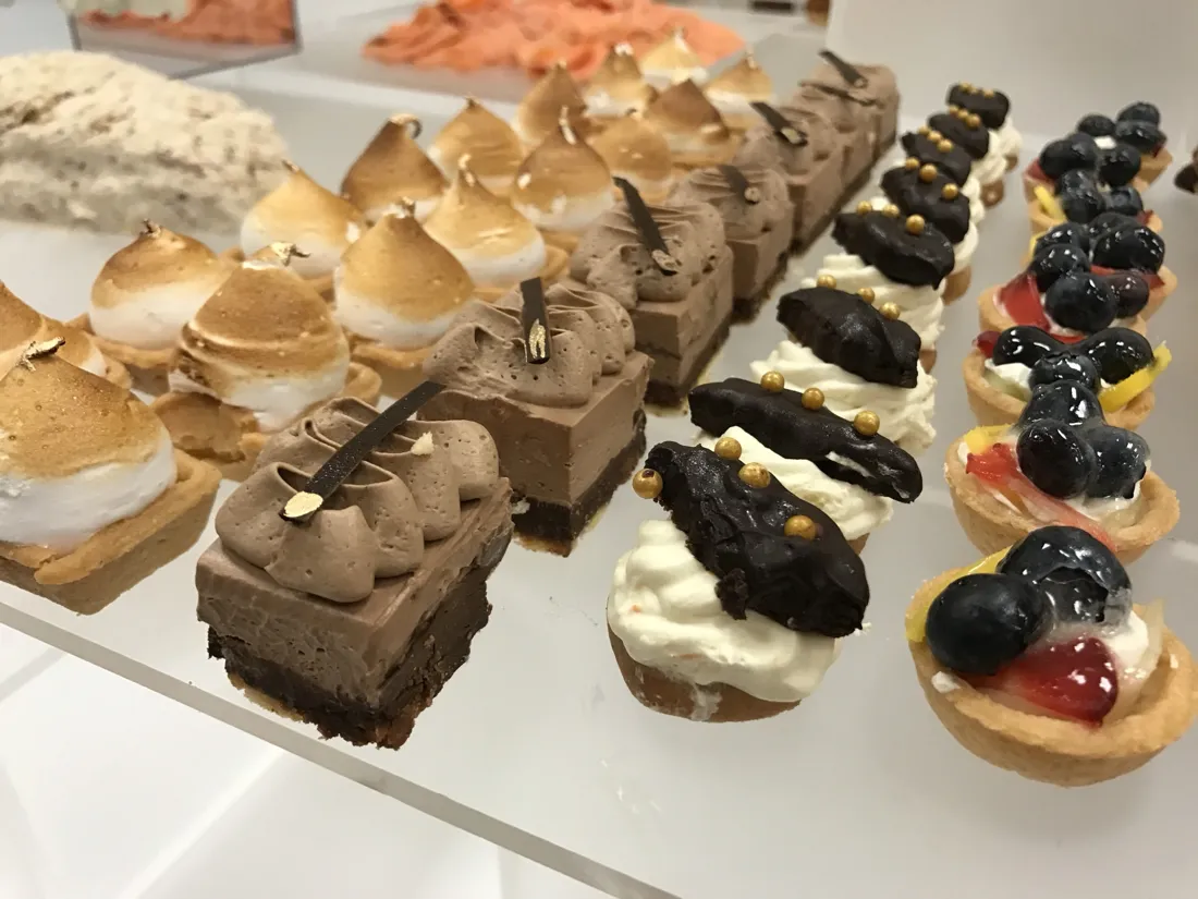Mini meringue tarts, chocolate mousse bars and fruit tarts