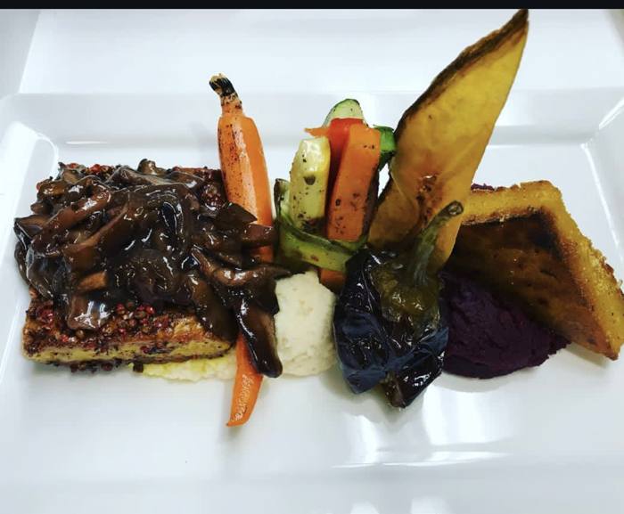 Vegan Polenta & Plantain with Tempeh, Red Wine & Shiitake Sauce