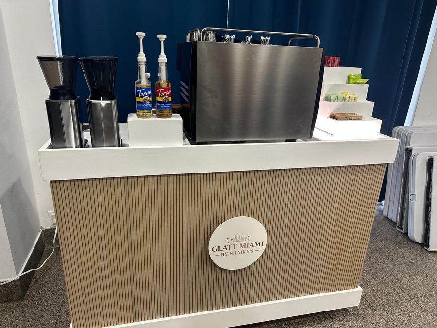 Glatt Miami by Shaike's coffee cart with espresso machine, grinders and flavored syrups